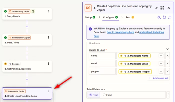 For this Zapier-Beebole integration, you need to create loop from line items in order to sort manager data