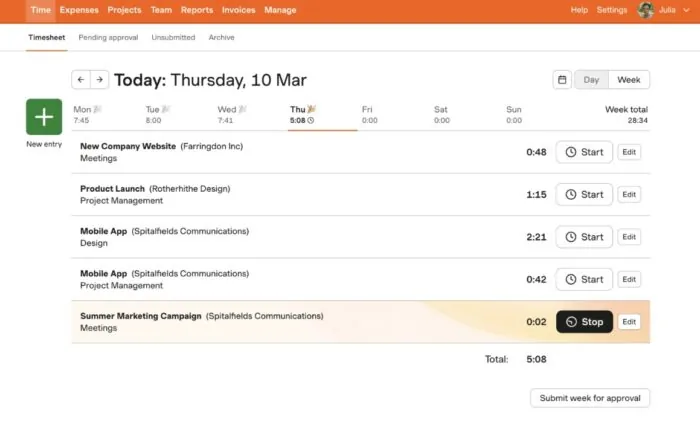 A screenshot of Harvest, a tool used for project time tracking