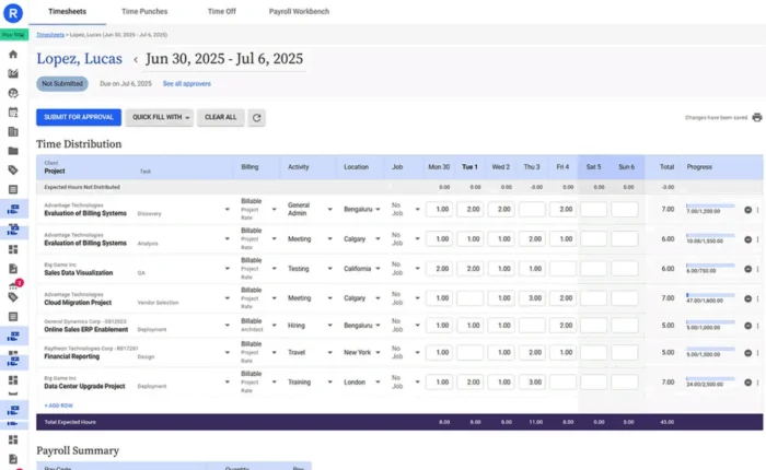 Screenshot of project time tracking tool in Replicon