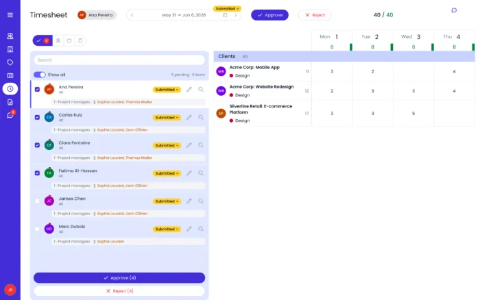 Beebole has multi-stage approval chains, quorum settings, bulk approve, and it also offers the option for administrators to directly correct mistakes on submitted or approved timesheets.